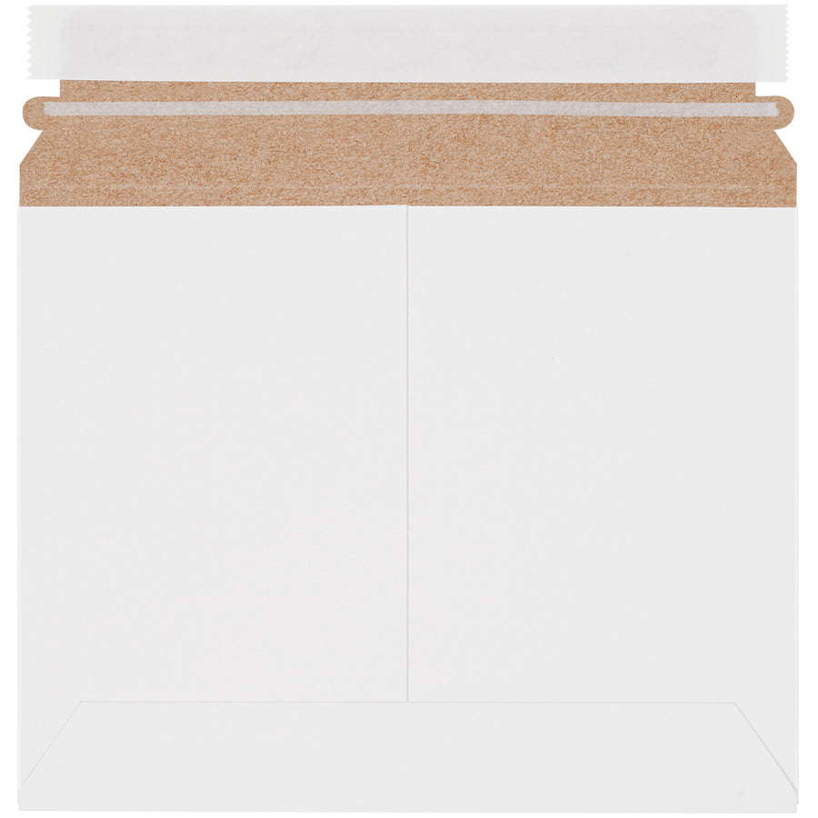 Professional 7x9 white self-sealing chipboard mailers designed for e-commerce brands shipping documents, photographs, and promotional items. Featuring pressure-sensitive closure with tear strip for effortless opening, these lightweight mailers reduce shipping costs while maintaining product protection. 100% recycled and recyclable–200 mailers per case.