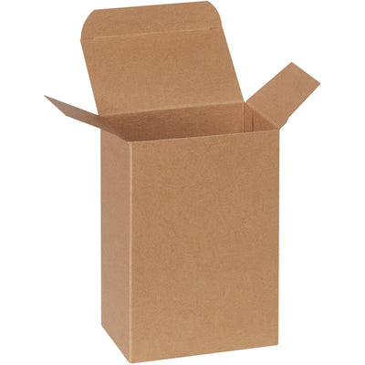 Durable 24-point kraft folding cartons measuring 4"  2.5"  6" designed for secure packaging of small, lightweight products. Featuring pye-lock tucks for positive locking and federal specification compliance. Sold 250 per case and shipped flat for maximum storage and logistics efficiency.