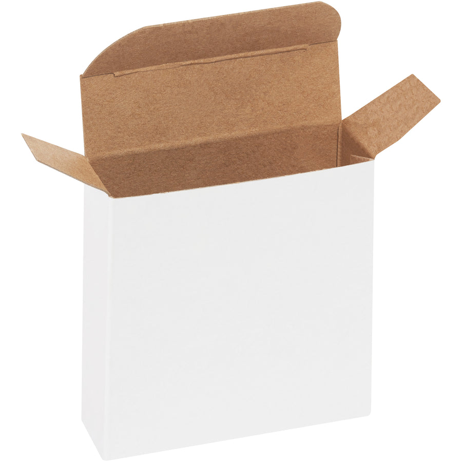 Premium white reverse tuck folding cartons designed for small product packaging that demands durability and professional appearance. Made from 24-point die-cut fibreboard with pye-lock tucks for positive locking and meets federal specification PPP-B-566. Shipped flat to minimize freight costs and storage space‚1,000 cartons per case.