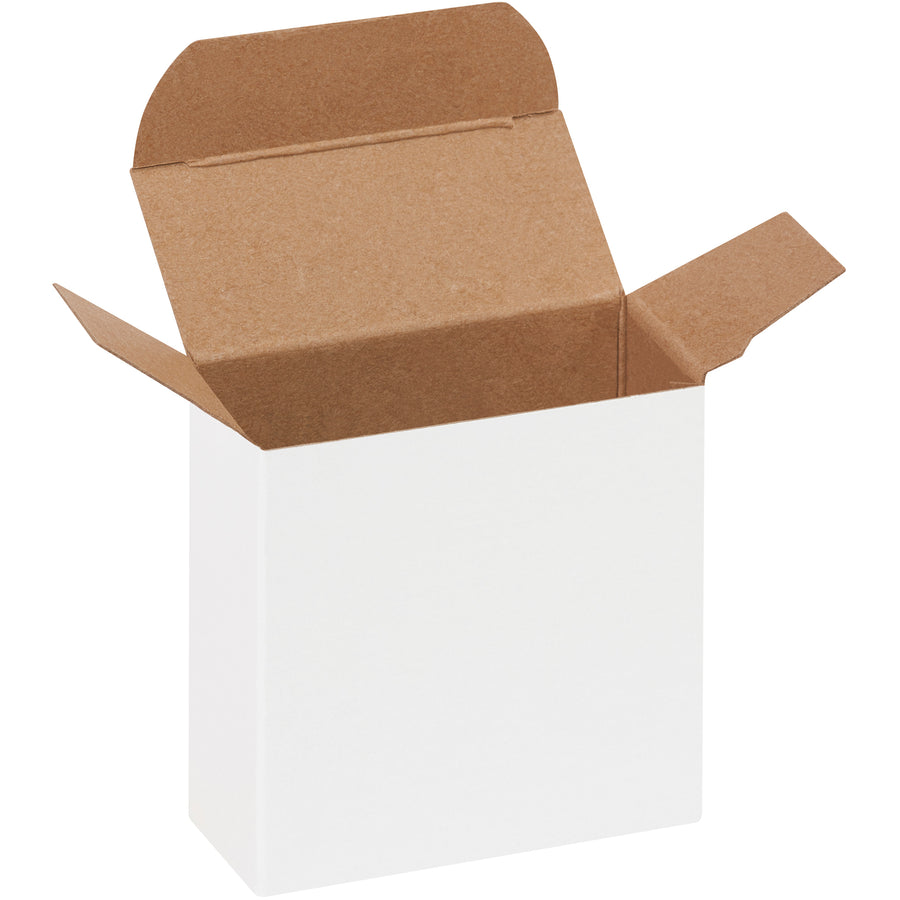 Professional-grade white reverse tuck folding cartons sized 3" x 1 5/16" x 3" for small product packaging. Made from durable 24-point die-cut fibreboard with pye-lock tucks for secure closure. Ships flat in cases of 1,000 to minimize storage and freight costs.