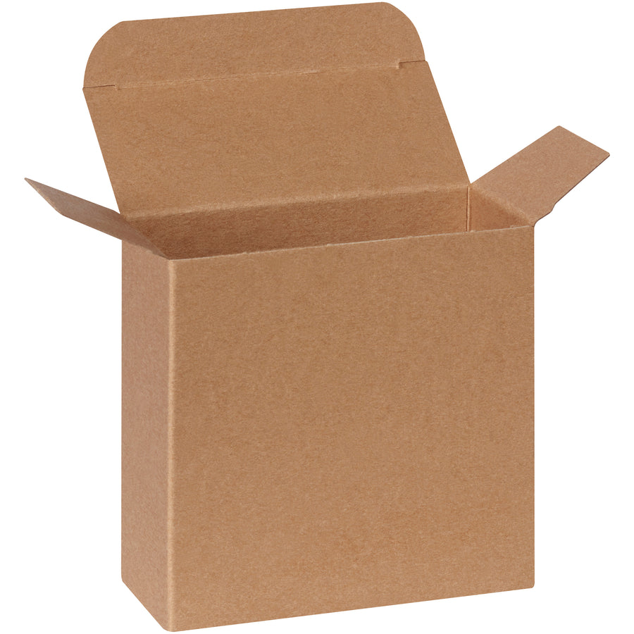 Compact kraft reverse tuck folding cartons designed for small, lightweight products with maximum protection and positive locking. Made from durable 24-point die-cut fibreboard and shipped flat to minimize storage and shipping costs. Case of 250 units meets federal specification PPP-B-566.