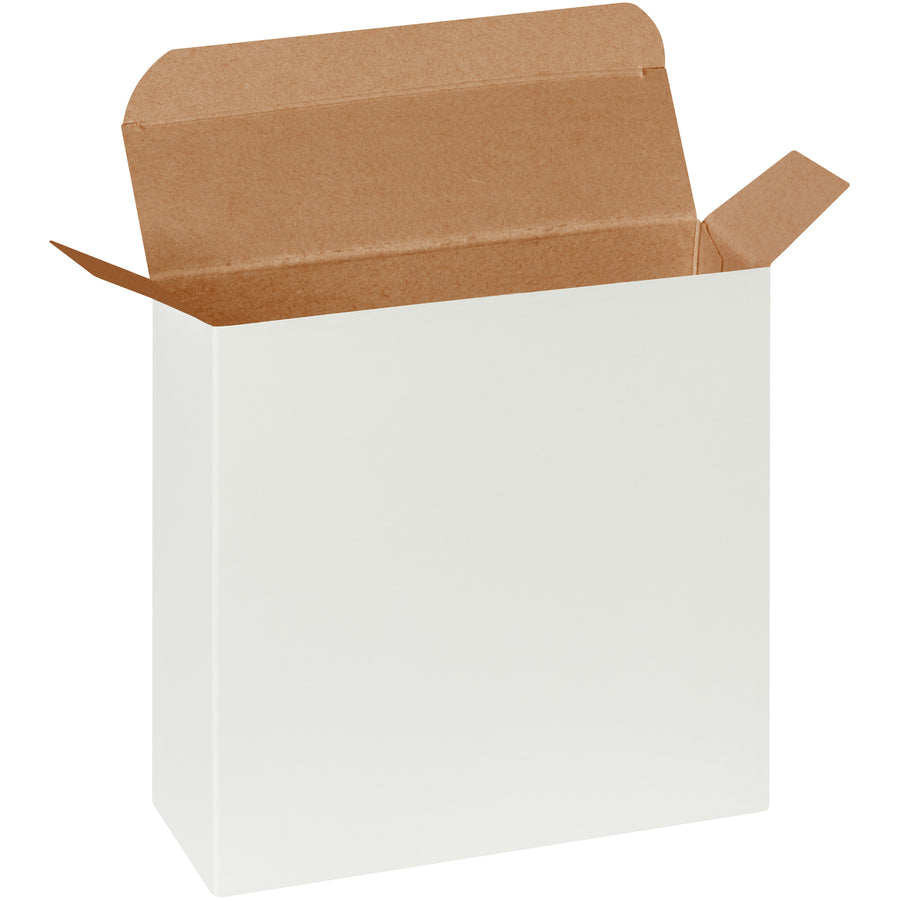 Professional white reverse tuck folding cartons designed for small products requiring a quality appearance and secure closure. Made from durable .024 point die-cut fibreboard with pye-lock tucks for positive locking and meets federal specification PPP-B-566. Ships flat in cases of 250 to reduce shipping costs and storage space.
