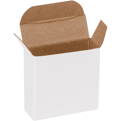Professional-grade white reverse tuck folding cartons designed for small product packaging with pye-lock tucks for secure closure. Made from durable 24-point die-cut fibreboard and meet federal spec PPP-B-566. Ships flat in cases of 2000 to reduce storage and freight expenses.
