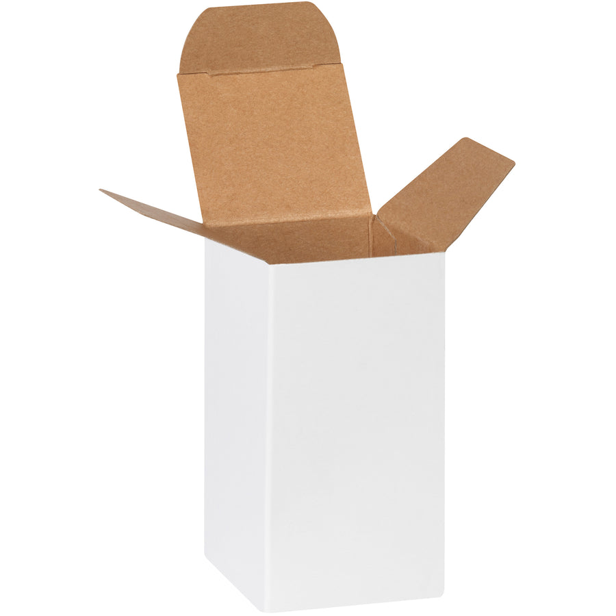 Compact 2x2x4" white reverse tuck folding cartons built from durable 24-point fibreboard for reliable product protection and professional presentation. Pye-lock tucks ensure positive locking and exceed federal PPP-B-566 specifications. Shipped flat to maximize storage efficiency and reduce shipping costs‚1000 cartons per case.