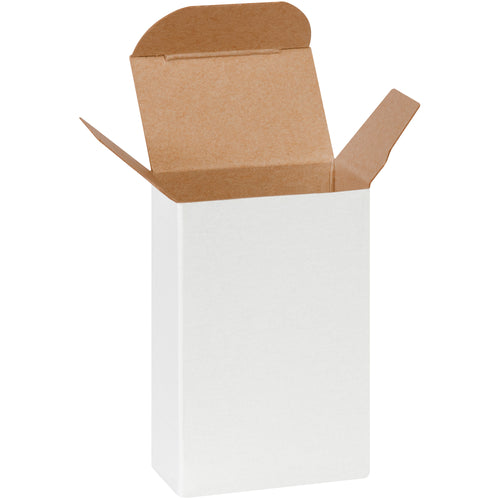 Compact white reverse tuck folding cartons in 2x1.25x3