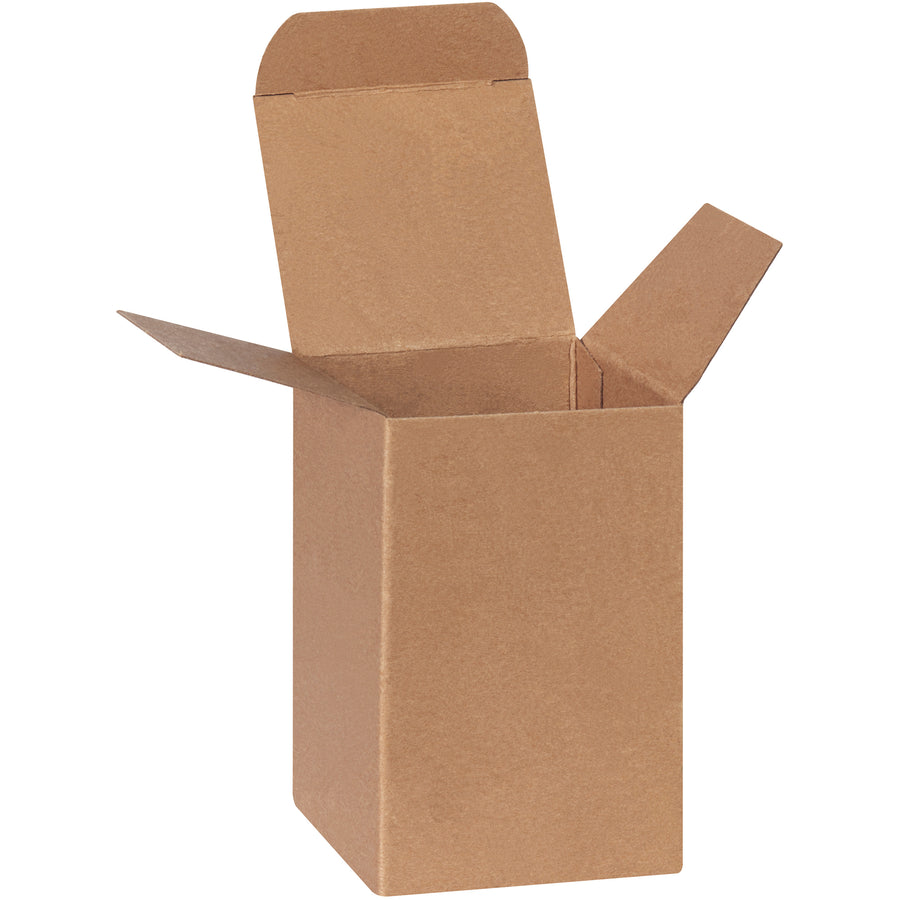 Protect small, lightweight products with these 2.5x2.5x4 kraft reverse tuck folding cartons featuring pye-lock tucks for secure positive locking. Made from durable .024 point die-cut fibreboard and shipped flat to maximize storage efficiency and minimize shipping costs. Case of 500 units.