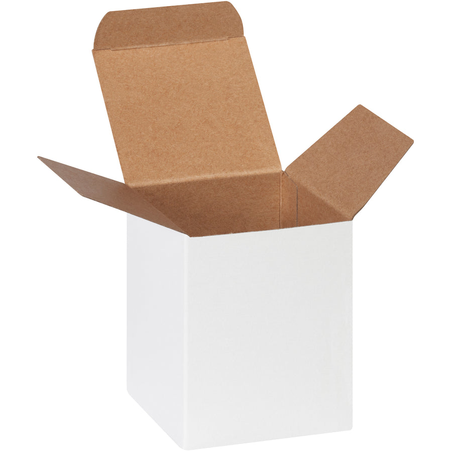 Durable 3x3x4 white reverse tuck folding cartons made from 24-point die-cut fibreboard with pye-lock tucks for secure product protection. Ships flat to reduce storage and shipping costs–250 cartons per case. Meets federal specification PPP-B-566 for reliable, professional packaging.