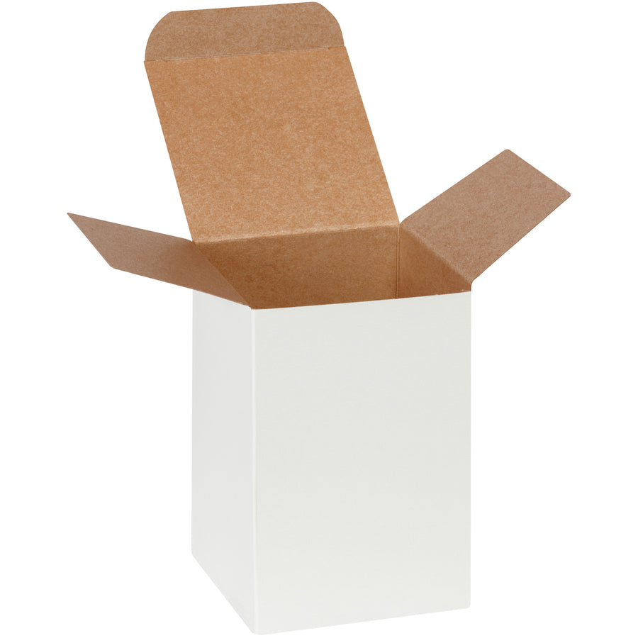 Durable 4x4x6" white reverse tuck folding cartons engineered for small product packaging. Made from 24-point die-cut fibreboard with pye-lock tucks for positive, secure closure. Each case contains 250 cartons and ships flat, reducing storage and shipping costs without compromising protection or presentation.