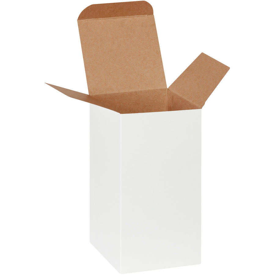 Premium 4" x 4" x 8" white reverse tuck folding cartons engineered for small product packaging with professional appearance and secure pye-lock closure. Made from durable .024 point die-cut fibreboard and shipped flat to maximize your storage and shipping efficiency. Case of 250 units meets federal specification PPP-B-566.