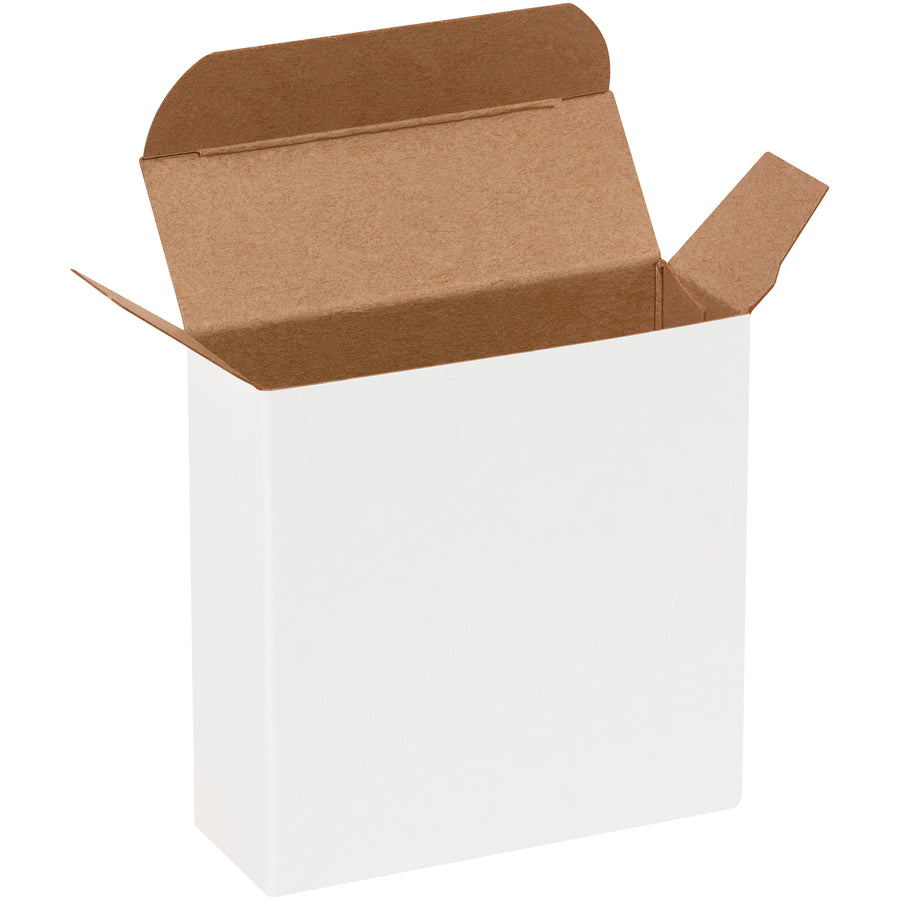 Professional white reverse tuck folding cartons designed for small products requiring secure, attractive packaging. Made from durable 24-point die-cut fibreboard with pye-lock tucks for positive locking. Ships flat to minimize storage and freight costs–1,000 cartons per case.