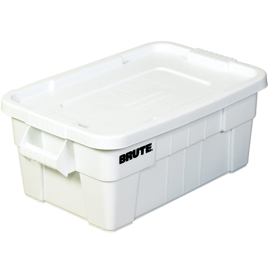 Heavy-duty white plastic Brute tote designed for demanding industrial environments. Features 28" x 18" x 11" dimensions with 14-gallon capacity, reinforced rib bottom for easy dragging, and a tight-snapping lid that keeps contents secure during transport and storage. Ideal for manufacturing, warehousing, and logistics operations.