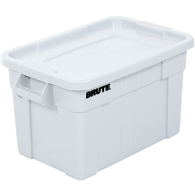 Heavy-duty 28x18x15 plastic Brute tote with snap-tight lid delivers 20-gallon capacity for secure transport and storage. Reinforced rib bottom withstands dragging and stacking in demanding warehouse and manufacturing environments. Durable white plastic construction resists damage and simplifies inventory management.