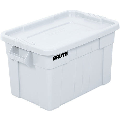 Heavy-duty 28x18x15 plastic Brute tote with snap-tight lid delivers 20-gallon capacity for secure transport and storage. Reinforced rib bottom withstands dragging and stacking in demanding warehouse and manufacturing environments. Durable white plastic construction resists damage and simplifies inventory management.