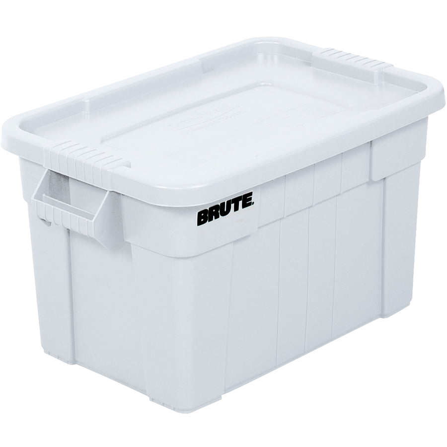 Heavy-duty 28x18x15 plastic Brute tote with snap-tight lid delivers 20-gallon capacity for secure transport and storage. Reinforced rib bottom withstands dragging and stacking in demanding warehouse and manufacturing environments. Durable white plastic construction resists damage and simplifies inventory management.