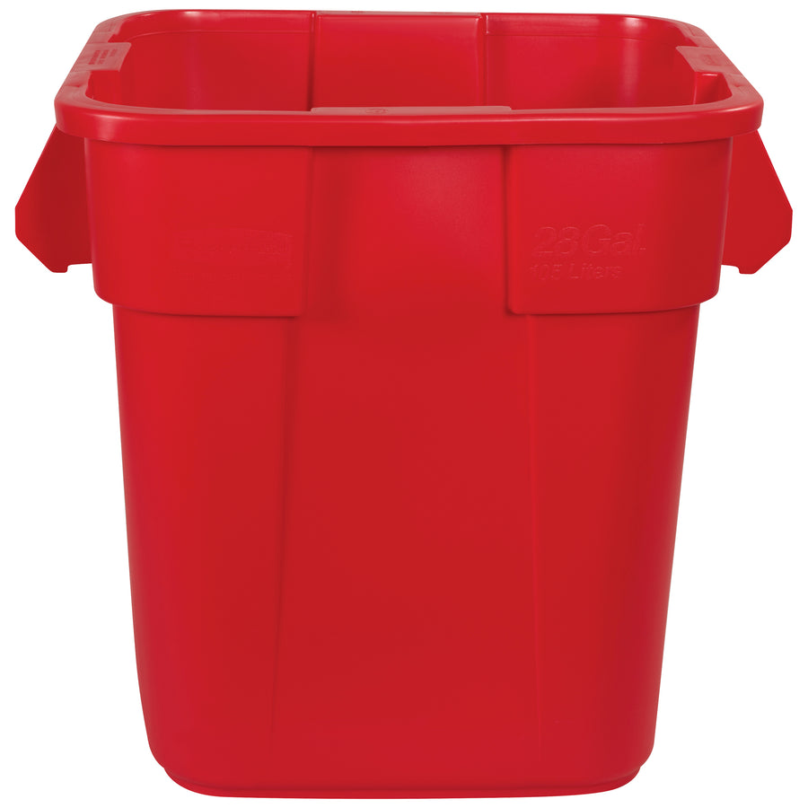 Get 14% more storage capacity with this 28-gallon Rubbermaid Brute square container. Heavy-duty plastic construction won't rust, chip, or fade, and reinforced rims with molded grips make lifting and transport effortless. Nesting handles enable secure side-by-side placement for maximum workspace efficiency.
