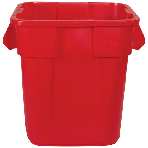 Get 14% more storage capacity with this 28-gallon Rubbermaid Brute square container. Heavy-duty plastic construction won't rust, chip, or fade, and reinforced rims with molded grips make lifting and transport effortless. Nesting handles enable secure side-by-side placement for maximum workspace efficiency.
