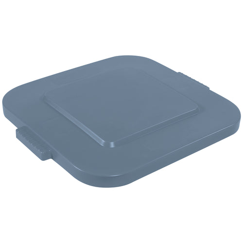Secure, professional-grade 28 gallon square container lid designed for industrial janitorial and sanitation operations. Features a tight-fitting snap closure for stable stacking, self-draining design to prevent water pooling, and built-in handles for easy transport. Gray plastic construction resists rust, chips, and peeling in demanding warehouse and facility environments.