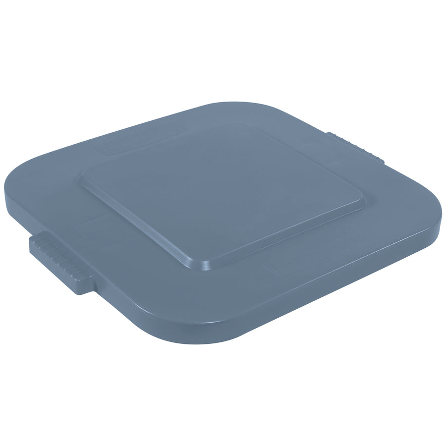 Secure, professional-grade 28 gallon square container lid designed for industrial janitorial and sanitation operations. Features a tight-fitting snap closure for stable stacking, self-draining design to prevent water pooling, and built-in handles for easy transport. Gray plastic construction resists rust, chips, and peeling in demanding warehouse and facility environments.