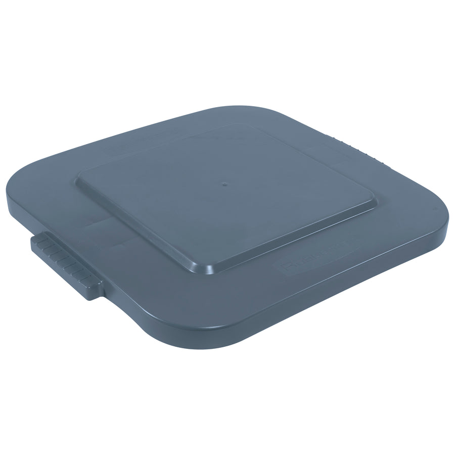 Heavy-duty 40-gallon gray plastic flat lid for Brute square containers. Features tight-fitting snap closure for secure, stable stacking and self-draining design to prevent water pooling outdoors. Built-in handles and professional-grade construction resists denting, chipping, and peeling–ideal for demanding janitorial and industrial environments.