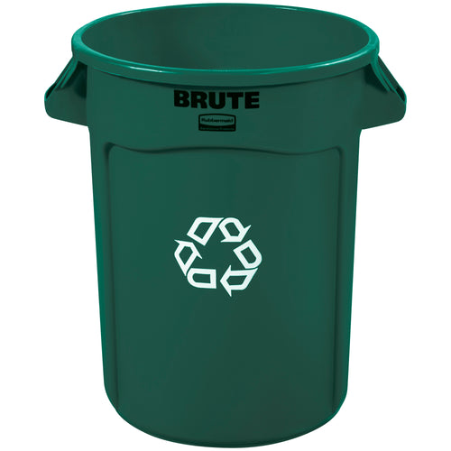 Industrial-grade 32-gallon recycling container engineered for demanding warehouse and manufacturing environments. Heavy-duty plastic construction resists dents, chips, and peeling with reinforced base rated for dragging over rough surfaces. Rounded handles and integrated rib rim structure deliver superior strength and ergonomic lifting.