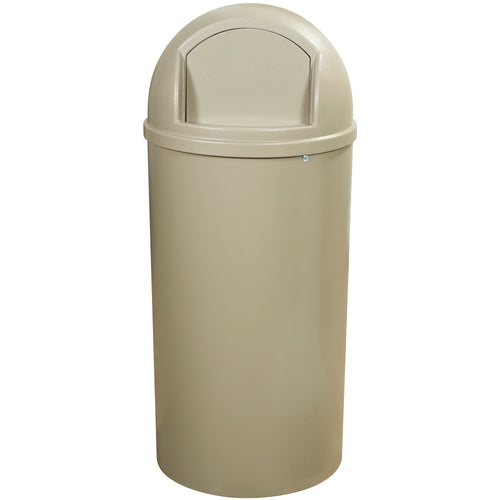 FM-approved fire-safe commercial domed trash can with structural foam construction that resists dents and cracks. The 25-gallon capacity with textured finish minimizes scratches, while one-piece hinged top design enables quick, easy emptying. UV-stabilized beige plastic prevents discoloration in high-traffic facilities.
