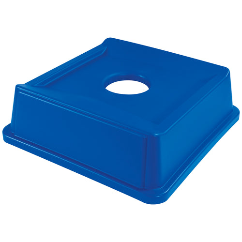 Heavy-duty plastic recycling lid fits 35 and 50-gallon square containers, maximizing your floor space with efficient nesting design. Durable construction resists peeling, denting, and chipping in warehouse or outdoor environments. Universal recycle symbol imprint meets compliance standards.