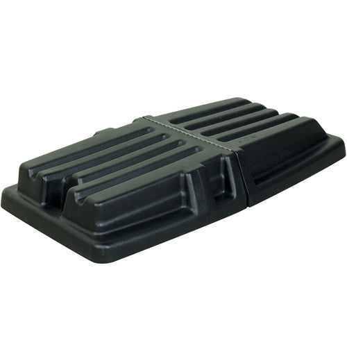 This black domed hinged lid is engineered for Rubbermaid 1/2 cubic yard tilt trucks, providing weatherproof protection for waste and janitorial refuse. Measuring 56.5