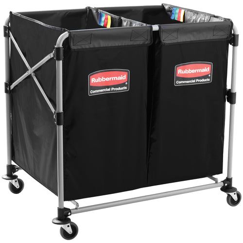 Rubbermaid¬Æ collapsible double basket truck with two 4-bushel capacity baskets reduces storage footprint by 75% when not in use. Heavy-duty steel frame with powder coating and durable vinyl liner withstands frequent washdowns in demanding warehouse, retail, and food service environments. Compact 24.1