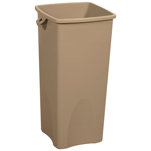 Heavy-duty 23-gallon hands-free trash can engineered for high-traffic commercial environments. Crack-resistant plastic construction (16