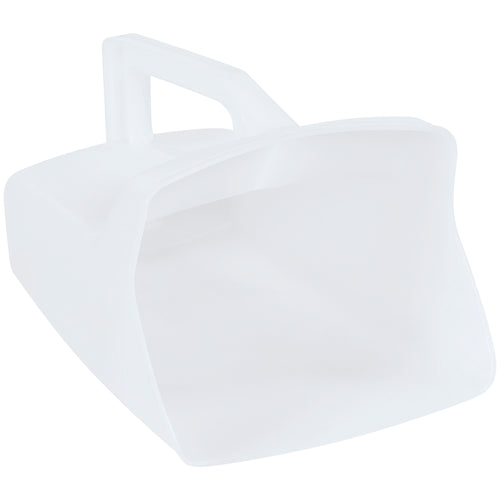 Heavy-duty 64 oz (2 quart) white plastic utility scoop engineered for industrial janitorial and facility maintenance applications. Dishwasher safe with a smooth, easy-to-clean surface that resists residue buildup. Perfect for scooping ice melt, sweeping compound, dry goods, and bulk ingredients in commercial settings.