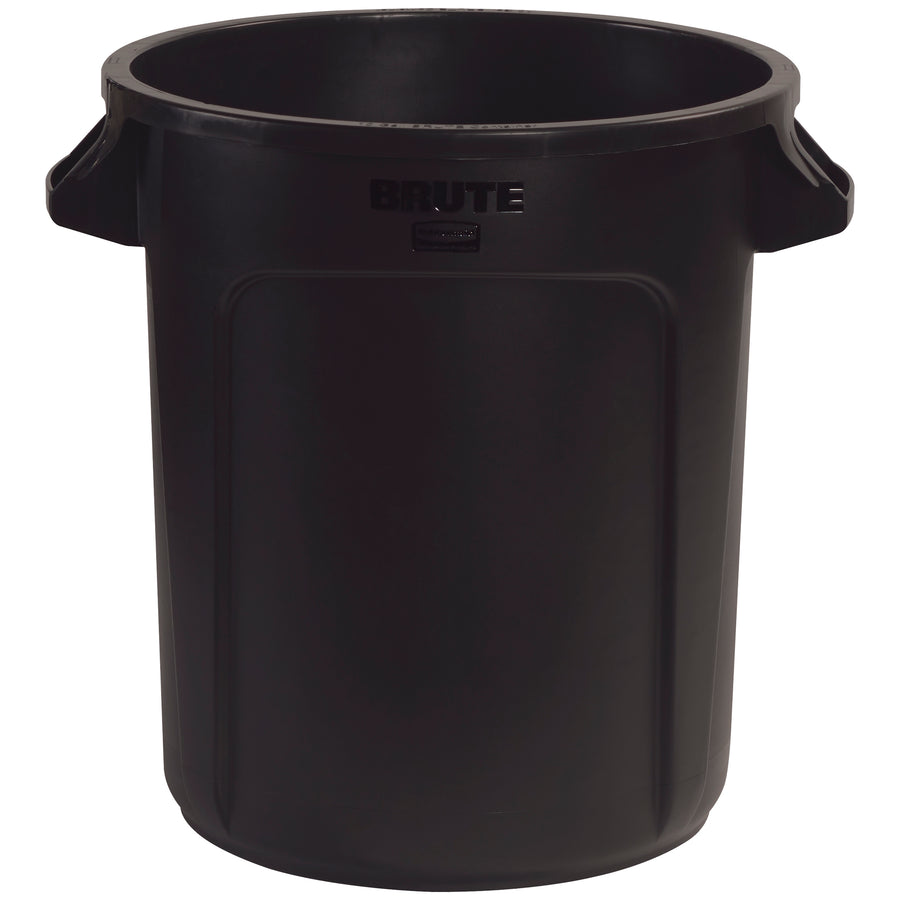 Heavy-duty 10-gallon Rubbermaid Brute trash can built for high-traffic commercial spaces. Durable plastic construction resists rust, chips, peeling, and dents–maximizing uptime and reducing replacement costs. Molded handles and vented side channels simplify daily waste collection and liner changes.