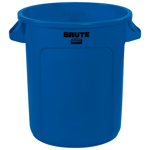Heavy-duty 10-gallon Rubbermaid Brute trash can built for efficient waste collection in industrial and commercial facilities. Rugged plastic construction resists rust, dents, chipping, and peeling with molded handles for easy lifting and vented side channels for quick liner changes. Compact 17