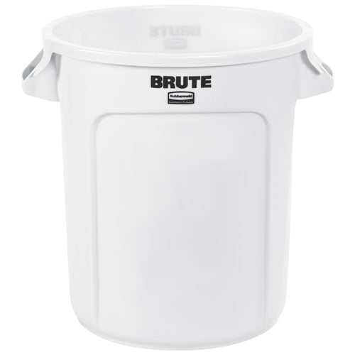 Heavy-duty 10-gallon white plastic garbage container built for demanding commercial environments. Rubbermaid Brute's durable construction resists rust, chips, dents, and peeling‚cutting replacement costs. Molded handles and vented side channels streamline waste collection and liner removal on every shift.