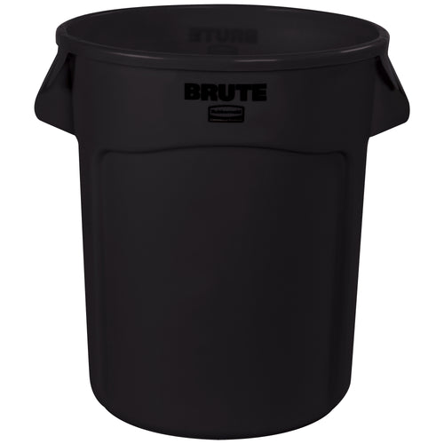 Heavy-duty 20-gallon Brute trash can engineered for industrial waste management in commercial facilities. Molded handles and vented side channels enable faster waste collection and liner changes, while durable plastic construction resists dents, rust, and damage. Compact 23