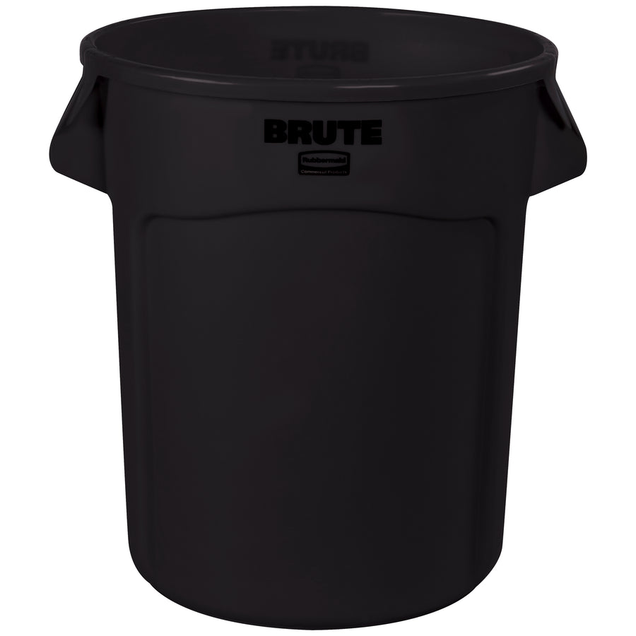 Heavy-duty 20-gallon Brute trash can engineered for industrial waste management in commercial facilities. Molded handles and vented side channels enable faster waste collection and liner changes, while durable plastic construction resists dents, rust, and damage. Compact 23"H x 19"W footprint maximizes space efficiency.