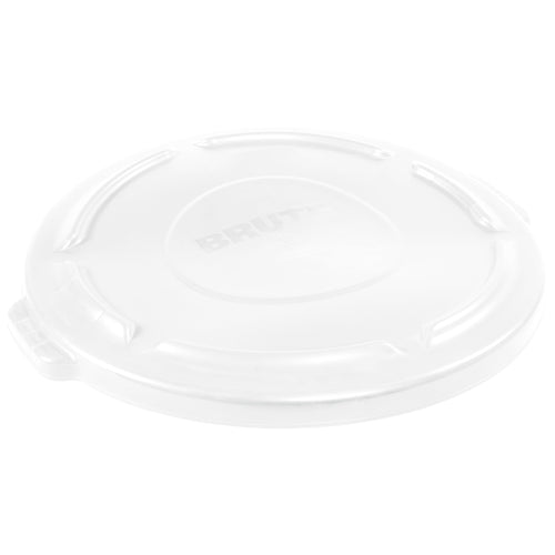Rubbermaid Brute flat trash can lid designed for 32-gallon waste containers. Heavy-duty all-plastic construction resists rust, chipping, peeling, and dents. Snap-on design ensures secure, stable stacking in commercial facilities.