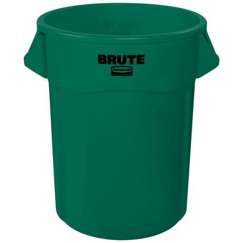 Heavy-duty 55-gallon Rubbermaid Brute commercial trash can built to outlast demanding waste management operations. Durable plastic construction resists dents, rust, and chipping with vented channels for quick liner removal and molded handles for easy transport. Sold as 1 each.