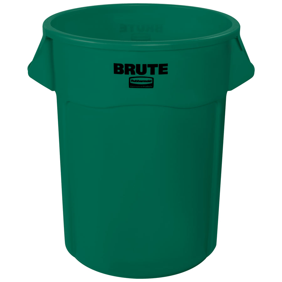 Heavy-duty 55-gallon Rubbermaid Brute commercial trash can built to outlast demanding waste management operations. Durable plastic construction resists dents, rust, and chipping with vented channels for quick liner removal and molded handles for easy transport. Sold as 1 each.