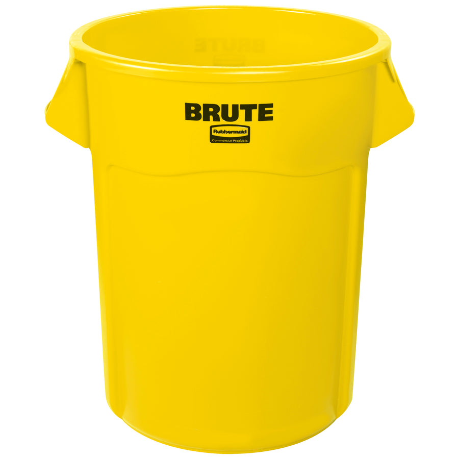Industrial-grade 55-gallon Rubbermaid Brute trash can built for high-volume waste collection in commercial and manufacturing environments. Heavy-duty plastic construction resists dents, rust, and chipping with easy-grip molded handles and vented side channels for quick liner changes. Dimensions: 33"H x 26"W.