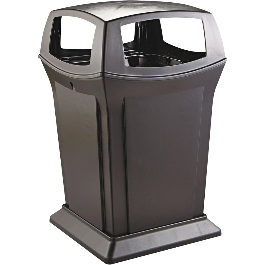 Rubbermaid Ranger 45-gallon trash container engineered for high-capacity waste management in demanding industrial environments. HDPE construction with 4-way access design (24¬Ω" x 24¬Ω" x 42") ensures durability in tough weather conditions. Permanently attached hinged lid simplifies emptying while maintaining security.