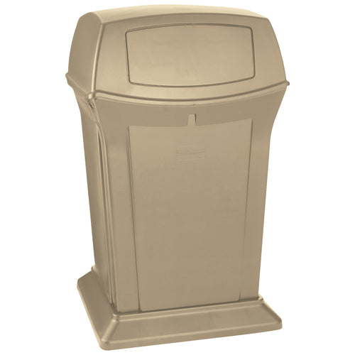 Heavy-duty 45-gallon HDPE plastic trash can built for high-capacity waste management in demanding industrial and commercial environments. Features permanently hinged lid with 2-way swing doors that seal in odors and debris. Rugged Ranger design withstands tough weather conditions‚dimensions 24.5