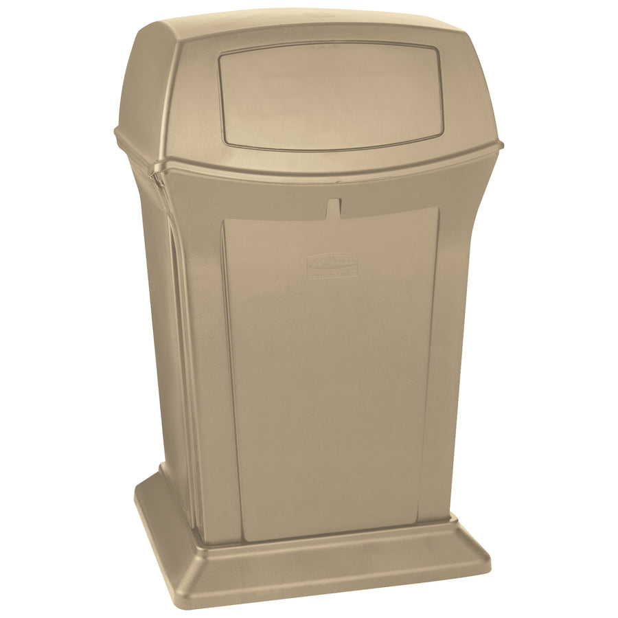 Heavy-duty 45-gallon HDPE plastic trash can built for high-capacity waste management in demanding industrial and commercial environments. Features permanently hinged lid with 2-way swing doors that seal in odors and debris. Rugged Ranger design withstands tough weather conditions–dimensions 24.5"W x 24.5"D x 42"H.