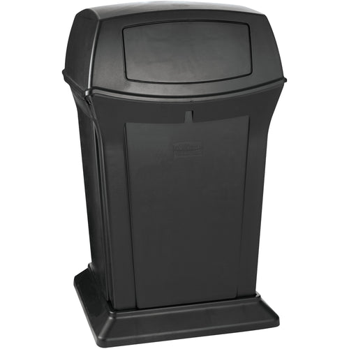 Heavy-duty 45-gallon trash can built from HDPE plastic with permanently hinged lid and 2-way swing doors to contain odors and debris. Dimensions: 24.5