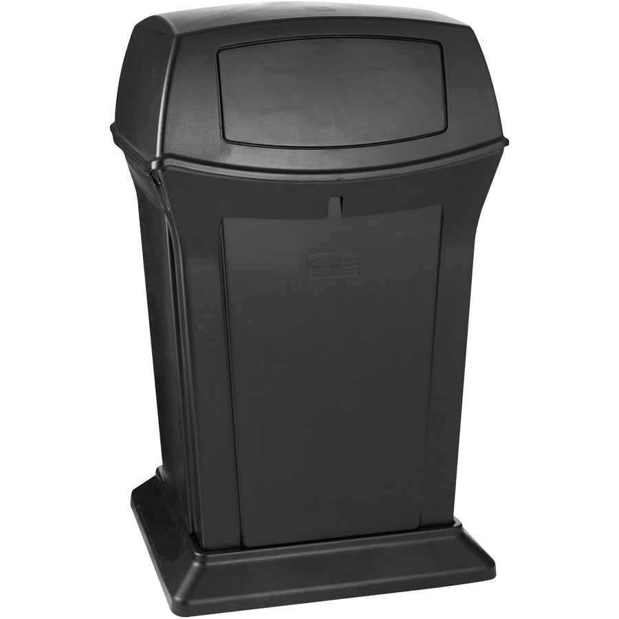 Heavy-duty 45-gallon trash can built from HDPE plastic with permanently hinged lid and 2-way swing doors to contain odors and debris. Dimensions: 24.5"  24.5"  42". Sold as 1 each–the industrial-grade waste solution for demanding environments.