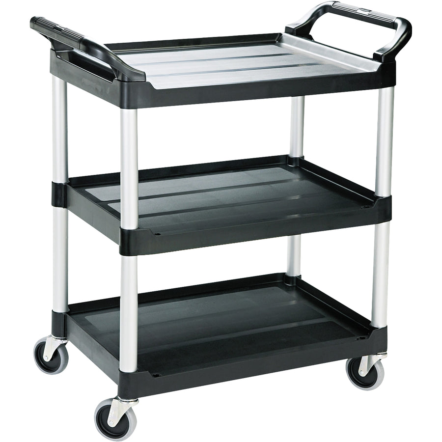 Heavy-duty 34" x 19" x 38" black plastic service cart built for demanding facilities and commercial kitchens. Features non-marking swivel casters, reinforced metal uprights, and smooth surfaces for easy cleaning. Sold as 1 cart with 12" shelf spacing for maximum versatility and stability.