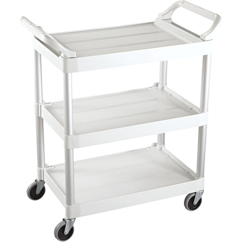 Heavy-duty white plastic service cart built for offices, schools, and food service environments. 34
