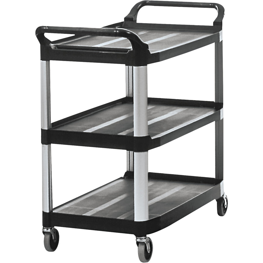 Commercial-grade plastic service cart measuring 41" x 20" x 38" with reinforced shelves and 4" non-marking swivel casters. Designed for offices, schools, and food service facilities, this durable utility cart features smooth, easy-to-clean surfaces and superior stability. Sold as 1 each.