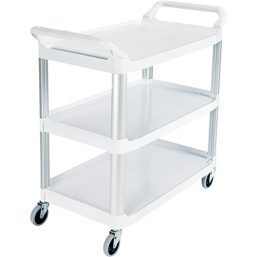 Industrial-grade service cart designed for offices, schools, and food service facilities. Features durable plastic construction, 41