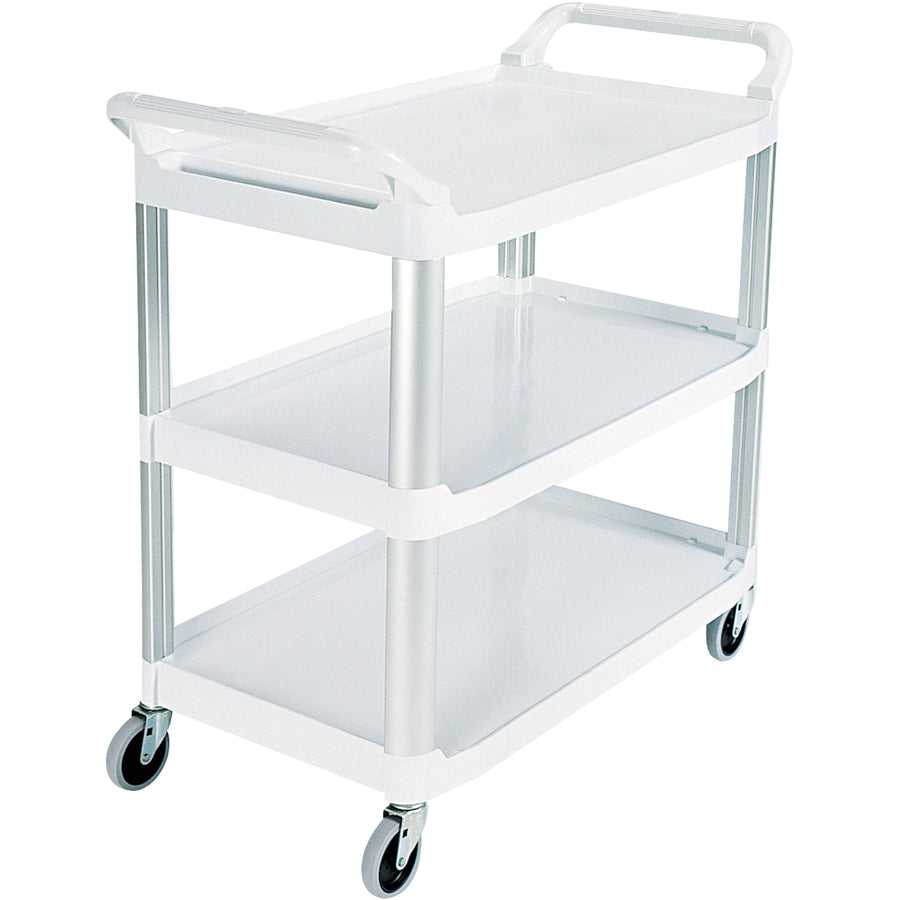 Industrial-grade service cart designed for offices, schools, and food service facilities. Features durable plastic construction, 41"x20"x38" dimensions, non-marking swivel casters for smooth operation, and reinforced shelves with metal uprights for maximum stability. Sold as 1 each–easy to clean and built for daily commercial use.
