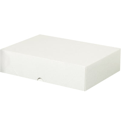 Heavy-duty white fibreboard folding cartons measuring 8.625" x 12" x 3" with innovative snap-out construction that assembles instantly without tools or adhesive. Ships and stores flat to maximize warehouse efficiency. Sold in case quantities of 150 units for cost-effective bulk purchasing.